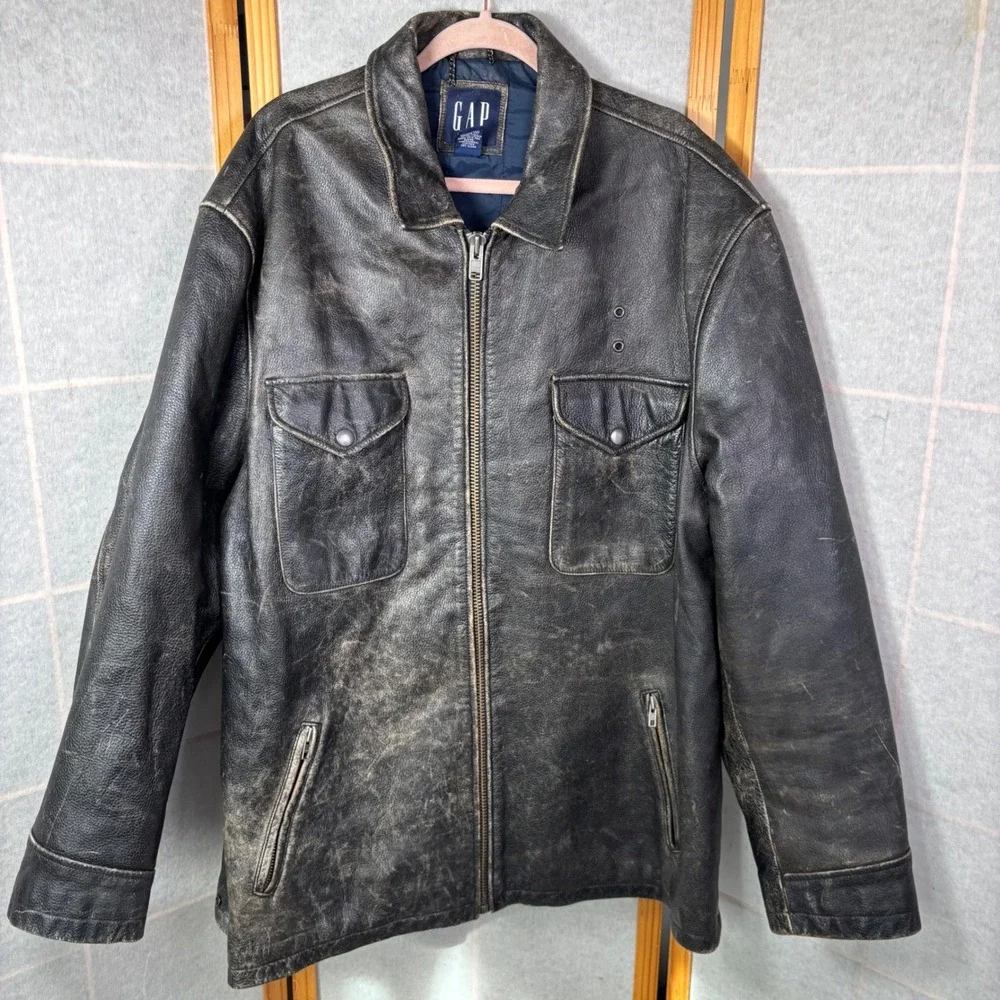 GAP Leather Jacket XXL Black Distressed Vintage Full Zip Quilted‎ Lined Moto